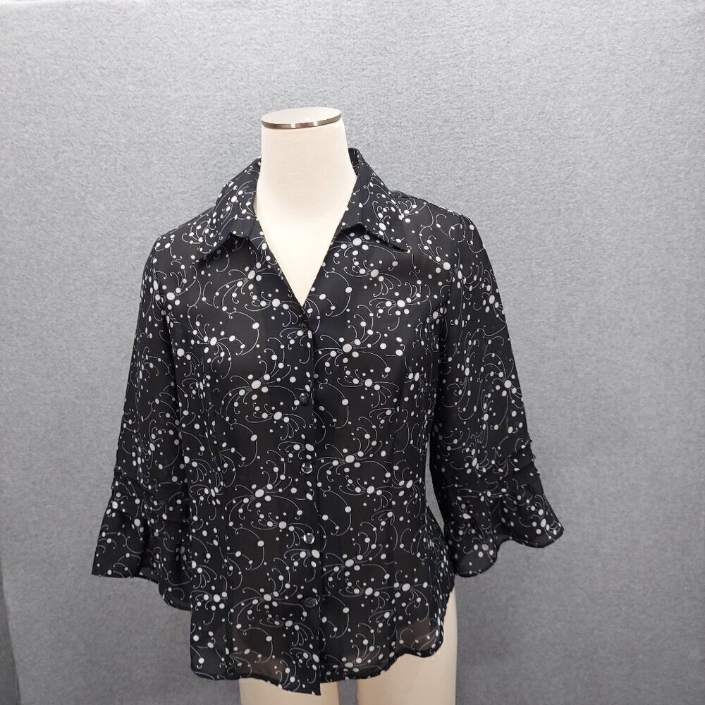 Kathy Che Womens Geometric Blouse Bell Sleeve Button Down Size 8 Black